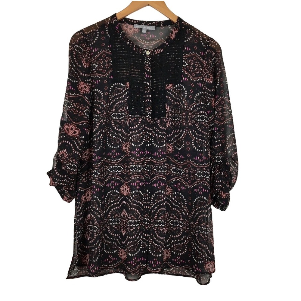 Daniel Rainn Blouse Womens Button Up Roll Tab Long Sleeve Chiffon Overlay Small